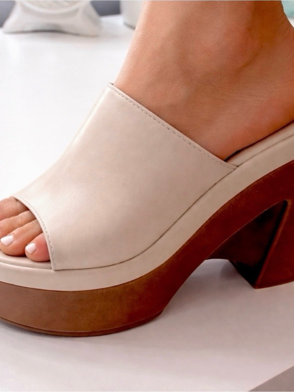 Macy's Two-Tone Platform Mule Sandals in Cream and Brown